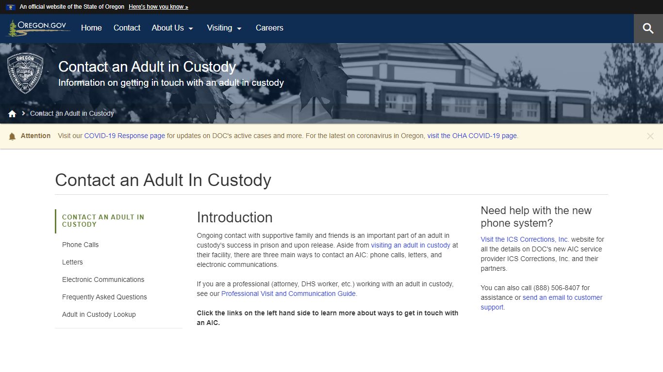 Department of Corrections : Contact an Adult In Custody - Oregon